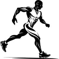 Muscular runner in sports sneakers and tight overalls in monochrome. Engraving minimalistic image in black ink drawing on white background vector