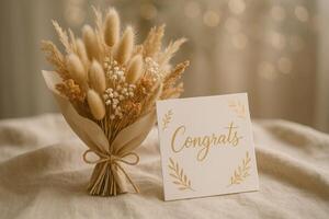 Beautiful Dried Flower Bouquet With a Congratulatory Card on a Soft Table Setting photo