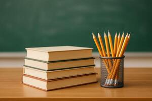 Stacked Books and Pencils on a Wooden Table Near a Green Chalkboard in a Classroom Setting photo