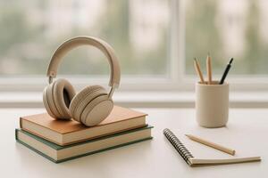 Study Area Featuring Headphones on Books With Stationery Items, Perfect for Focused Learning Sessions photo