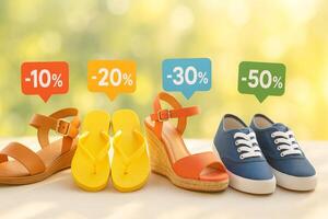 Promotional Display of Colorful Footwear With Discount Tags at a Retail Location photo