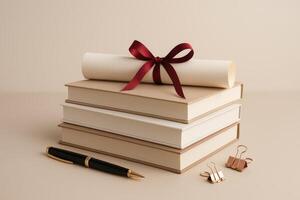 Elegant Stack of Books With Diploma and Stationery on Neutral Background photo