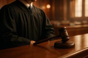 Courtroom Setting With Judge and Gavel Presenting Justice and Authority During Legal Proceedings photo