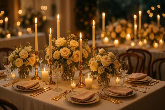 elegante cena ajuste con velas y flores en un suavemente iluminado lugar de eventos durante noche evento foto