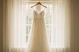 Elegant Wedding Dress Hanging Near a Bright Window With Soft Curtains in a Serene Indoor Setting photo