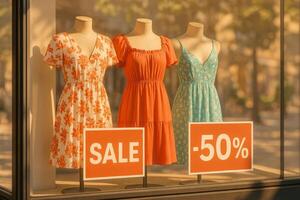 Fashionable Summer Dresses Displayed in a Store Window With Attractive Sale Signs During Golden Hour photo