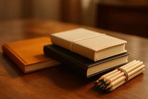 Notebooks and Colored Pencils Arranged on a Wooden Table for Creative Writing or Drawing photo