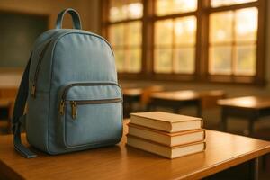 Backpack Beside Books in a Classroom With Warm Afternoon Light Streaming Through the Windows photo
