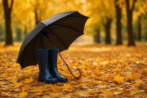 Rainy Fall Day With Umbrella and Rubber Boots Among Colorful Leaves in a Tranquil Park Setting photo
