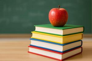 Books and Apple on Desk in Classroom Setting During School Time photo