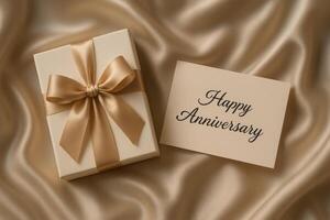 Elegant Anniversary Gift Box With Golden Ribbon and Greeting Card on Satin Fabric photo