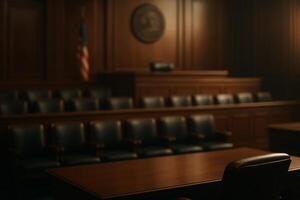 Courtroom Interior With Wooden Furnishings and Empty Jury Box Captured During a Quiet Moment of Proceedings photo