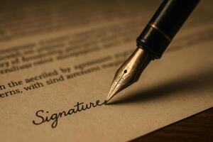 Elegant Fountain Pen Writing Signature on Fine Paper in Soft Lighting photo