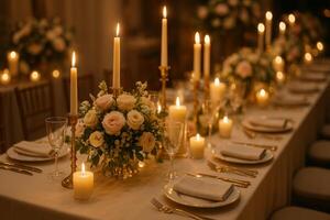 Elegant Candlelit Table Setting for a Romantic Celebration in a Cozy Venue With Floral Arrangements photo
