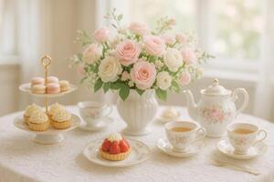Elegant Tea Party With Pastries and Fresh Flowers Set in a Bright, Cozy Room During Afternoon photo