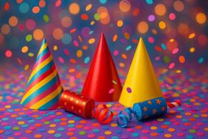 Colorful Party Hats and Confetti Create a Festive Atmosphere for Celebrations and Gatherings photo