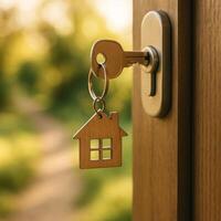 Key in a Door Lock With a House Keychain in a Serene Garden Setting During Golden Hour photo