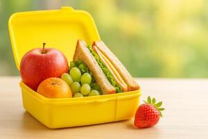 Healthy Lunch Box With Sandwich and Fresh Fruits on Table in Sunny Kitchen photo