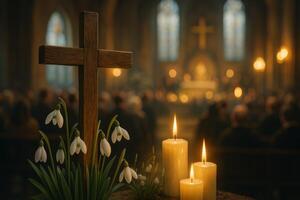 Candles and Snowdrops Near a Cross in a Tranquil Church During a Serene Service photo