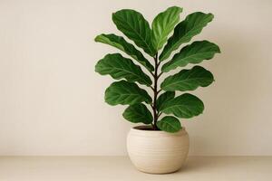 Fiddle Leaf Fig Plant in a Decorative Pot on a Light Wood Table Against a Neutral Backdrop photo