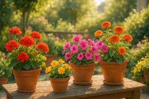 Vibrant Flowers in Terracotta Pots Arranged on a Wooden Table in a Sunny Garden photo