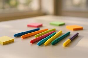 Colorful Markers and Sticky Notes Arranged on a Bright Table in a Creative Workspace photo