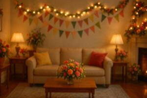 Cozy Living Room Decorated With Festive Lights and Flowers for a Celebration photo