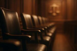 Empty Jury Seats in a Grand Courtroom During a Quiet Moment Before the Trial Begins photo