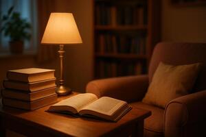 Cozy Reading Nook With Warm Light in a Quiet Evening Setting photo