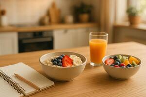 Delicious Healthy Breakfast Served With Fruit and Juice in a Bright Kitchen Setting photo