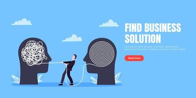 Unravel business chaos process with man and tangle difficult problem mess business concept flat style design illustration. vector