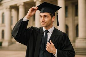 Young Man Celebrates Graduation at Outdoor Ceremony in Front of Historic Building With Columns photo
