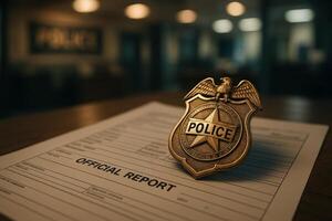 Police Badge on an Official Report in a Law Enforcement Office Setting During the Day photo