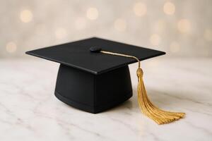 Black Graduation Cap With Gold Tassel on a Marble Surface With a Blurred Background photo