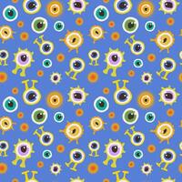 Seamless pattern colorful funny monsters aliens and eyes on blue background. vector