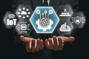Explore futuristic technology with digital interfaces and innovation elements, showcasing a modern business environment. photo