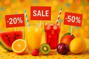 Bright and Colorful Fruit Drinks on Sale With Discounts Displayed photo