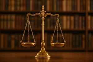 Golden Scales of Justice in a Library With Books During the Day photo