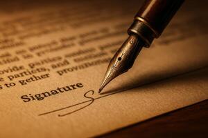 Fountain Pen Poised Above a Signed Document With Elegant Calligraphy on Aged Paper photo