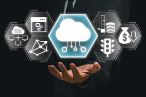 Visual representation of edge computing with cloud and data icons, showcasing modern technology and innovation. photo