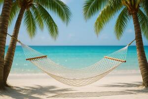 Relaxing Hammock Between Palm Trees on a Sunny Beach With Turquoise Water photo