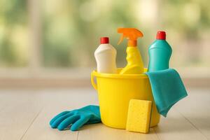 Cleaning Supplies Arranged in a Yellow Bucket Ready for Home Chores photo