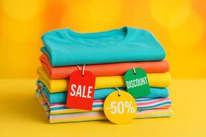 Brightly Colored Clothes Stacked With Sale Tags Displayed in a Retail Setting During a Promotional Event photo