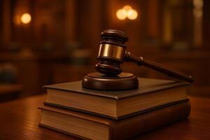 Courtroom Gavel Resting on Legal Books in a Dimly Lit Setting During a Judicial Proceeding photo