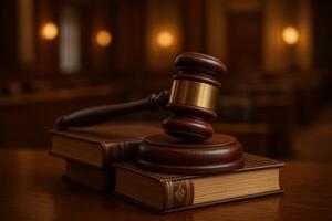 Courtroom Gavel Rests on Legal Books in a Law Setting During a Quiet Afternoon Session photo