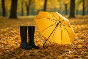 Black Rubber Boots and Yellow Umbrella Among Autumn Leaves in a Serene Forest Setting photo