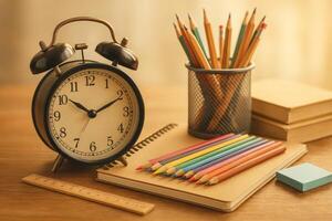Classic Alarm Clock and Stationery Items on a Desk in a Cozy Study Space During the Afternoon photo