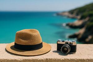 Straw Hat and Camera on Coastal Ledge With Clear Blue Water Backdrop photo