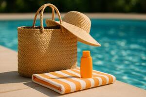 Summer Essentials by the Pool With a Woven Bag, Sun Hat, and Sunscreen, Captured on a Sunny Day photo