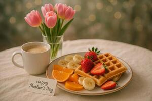 Delicious Breakfast for Mothers Day With Waffles, Fruit, and Coffee in Bright Setting photo